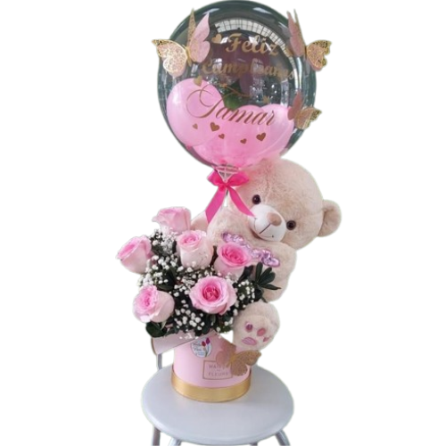 Caja de Rosas y Peluche Abrazando con Globo