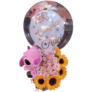 Box de Girasoles y Rosas Rosadas con Peluche Stitch