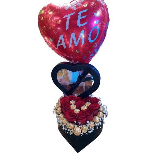 Box Corazón de Rosas y Chocolates con Globo