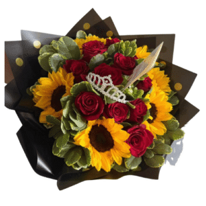 Ramo de Rosas y Girasoles en Papel Negro